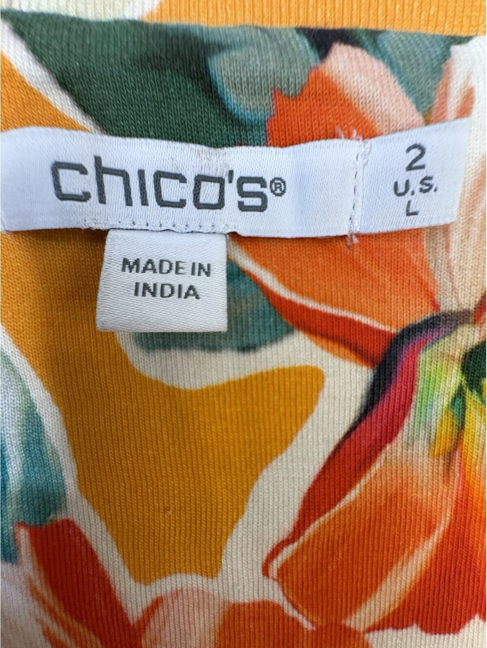 Chicos Shirt Womens 2 US L 12 Orange Tropical Floral Pima Cotton V Neck Top - Picture 3 of 6